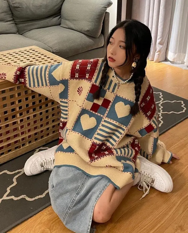 Brownm Heart Pattern Sweater