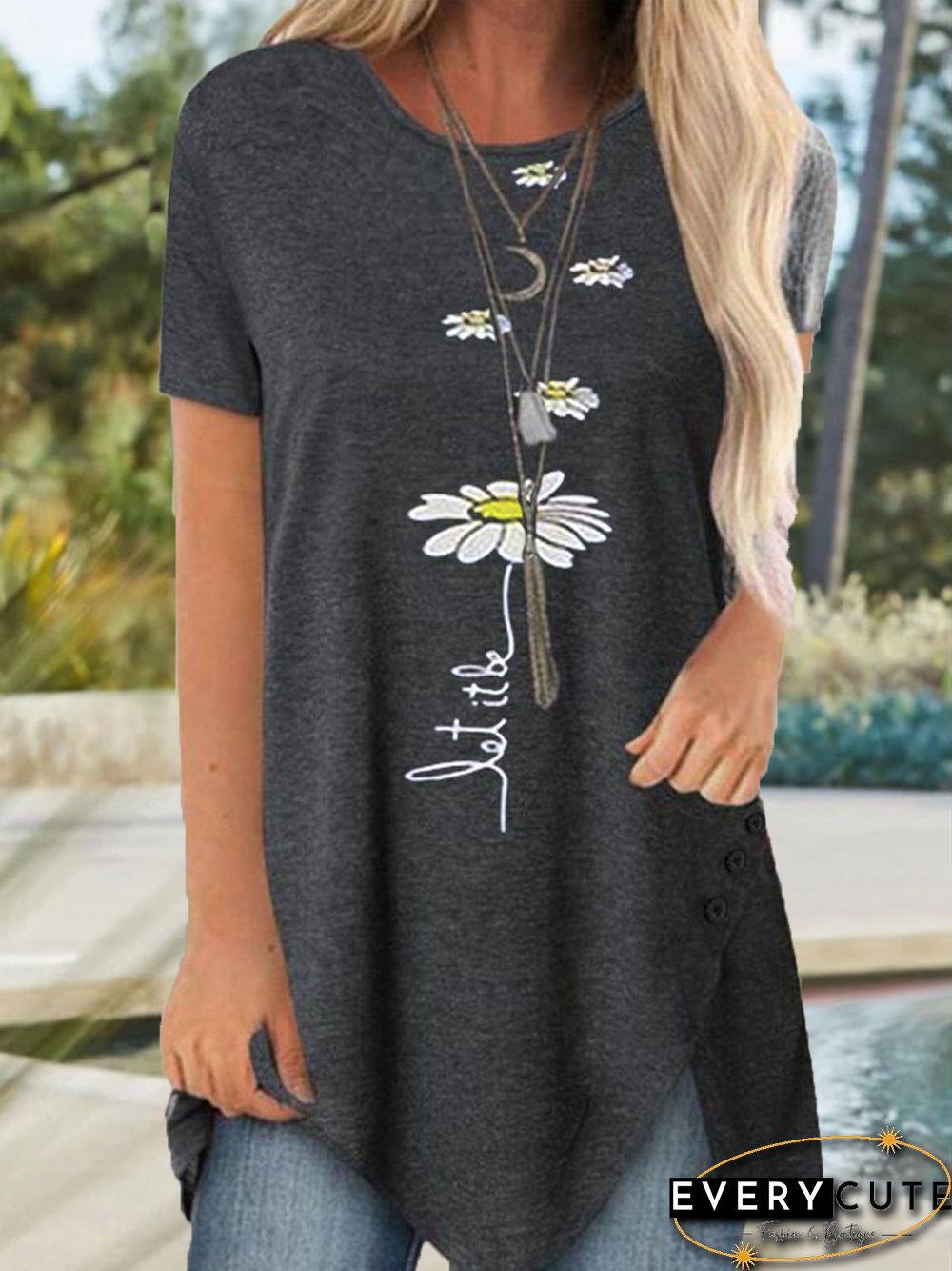 Vacation Floral Letter Loosen Crew Neck TunicShort Sleeve T-Shirt