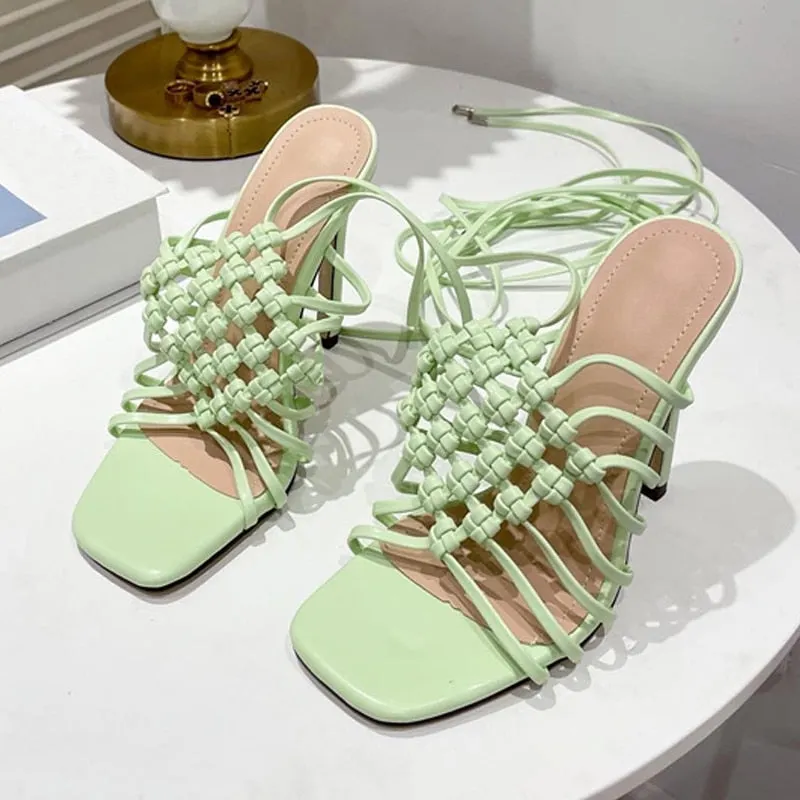 Fashion Handmade Design Weave Hollow Gladiador Sandals Women Summer Orange Square Toe Cross-Tied Stiletto Heels Ladies Shoes