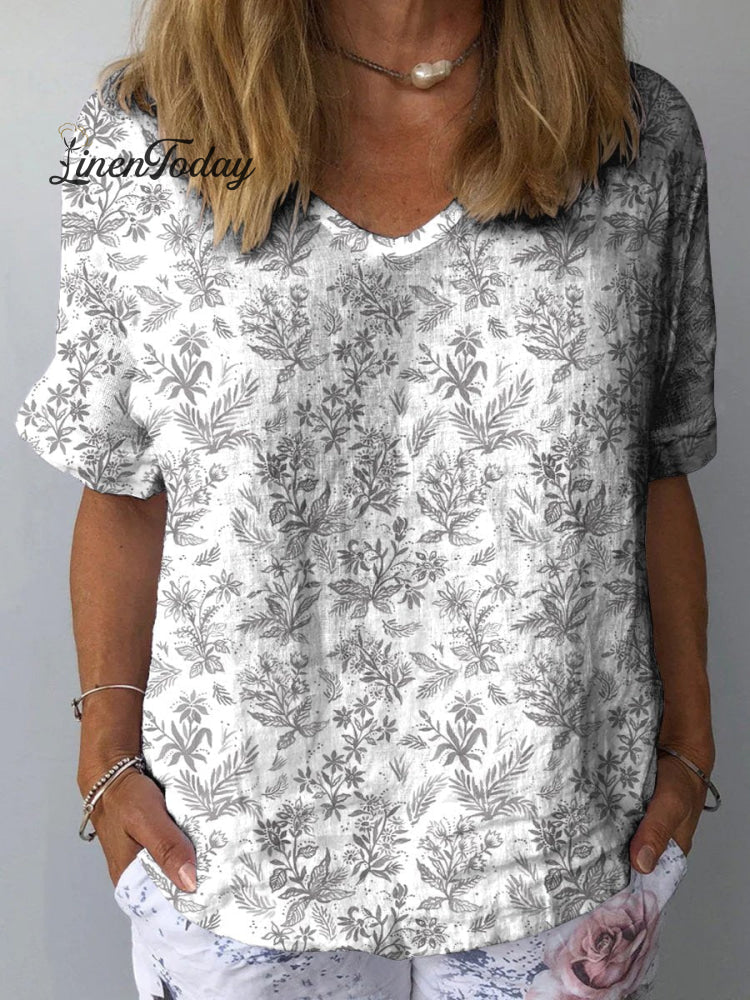 Meadows Floral Pattern Printed Women&rsquo;s Casual Cotton And Linen Shirt Grey & White / S