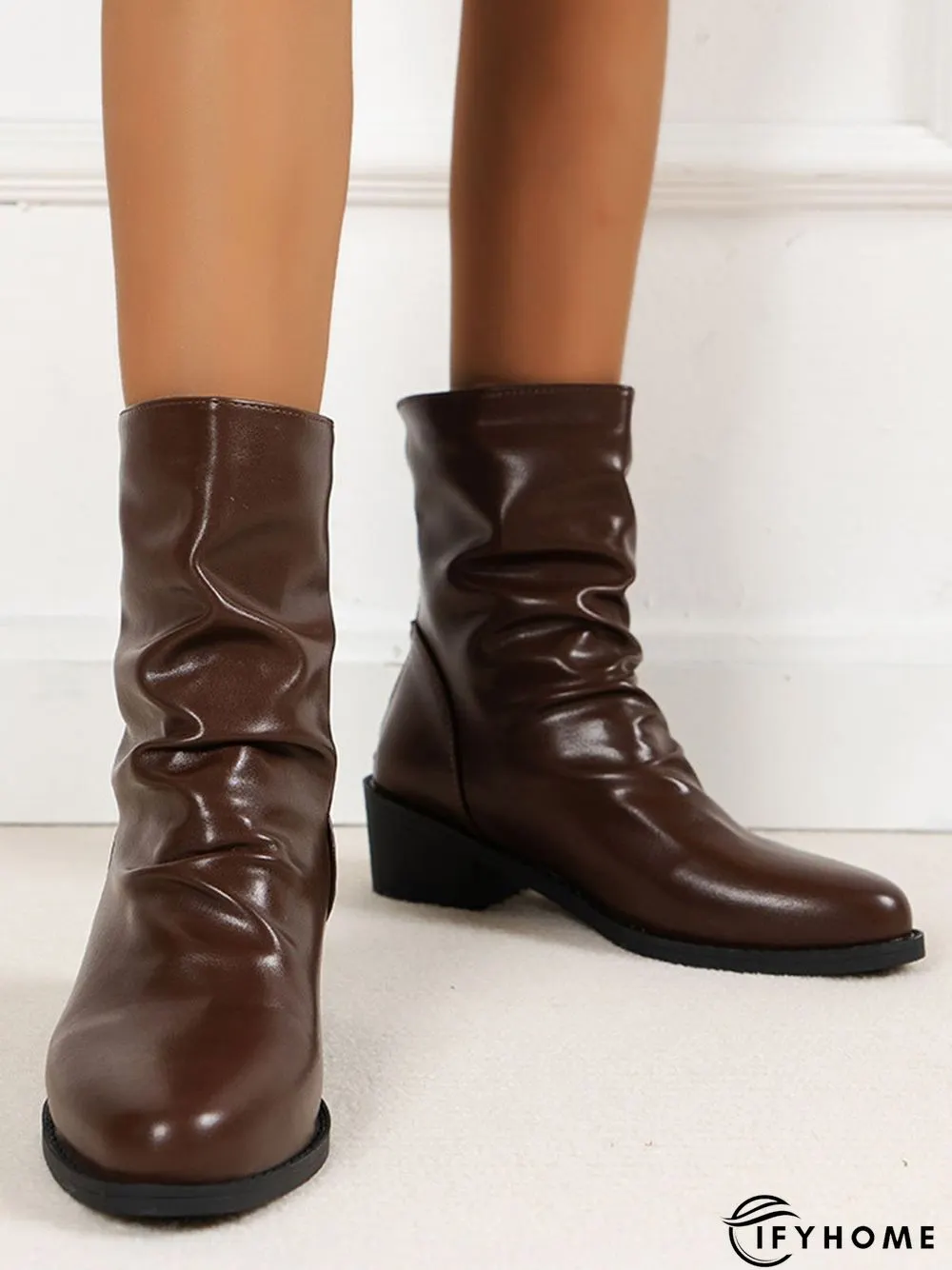 Ruched Zipper Pointed Toe Chunky Heel Boots | IFYHOME