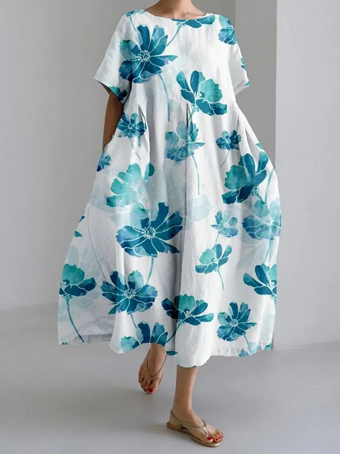 Women's Casual Lotus Print Loose Round Neck Medium Length Skirt Dress