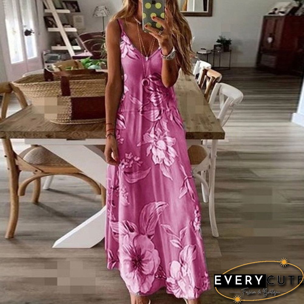 Women's Fashion Summer Sleeveless Floral Printing Sling Dress Deep V-Neck Slim Fit Big Swing Skirts Loose Casual Long Maxi Dresses Ladies Plus Size Party Dresses