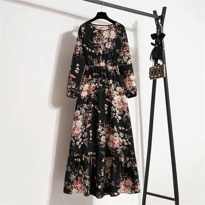 Floral Print Long Dress Women Lantern Long Sleeve High Waist Elegant Party Dress Ladies Casual Spring Summer Beach Maxi Dress