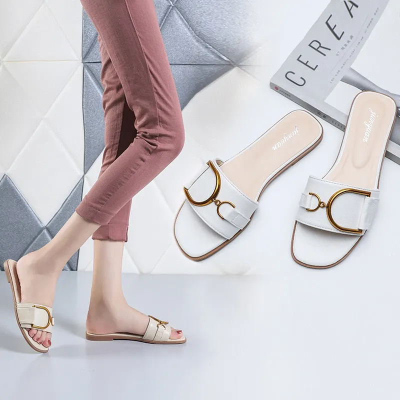 miaoguan New Womens Slippers Leather Square Toe Flats Flip Flops Ladies Slides Summer Sandals Women Shoes Zapatos Fashion Shoes