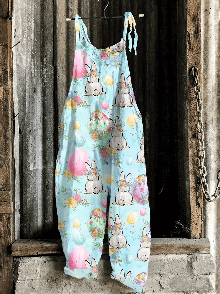 Vintage Easter Bunny Pattern Casual Jumpsuit