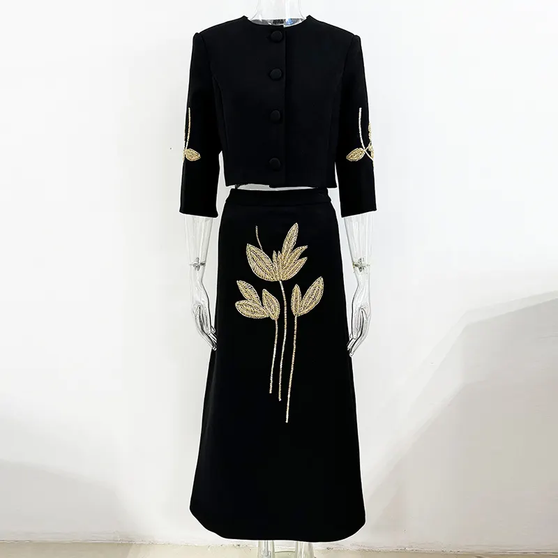 Nigikala Nigikala New Temperament Flower Heavy Industry Nails Seven-Sleeved Jacket Jacket Mid-Long Half Skirt Set