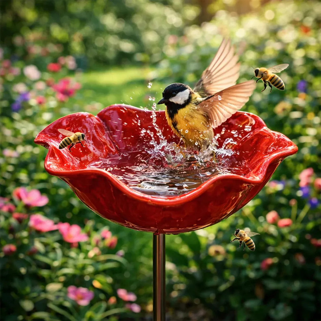 Bee Watering Station with Flower Design Bee Bath for Garden Decorative Metal Flower Garden Stake for Outdoor Yard Patio Decoration