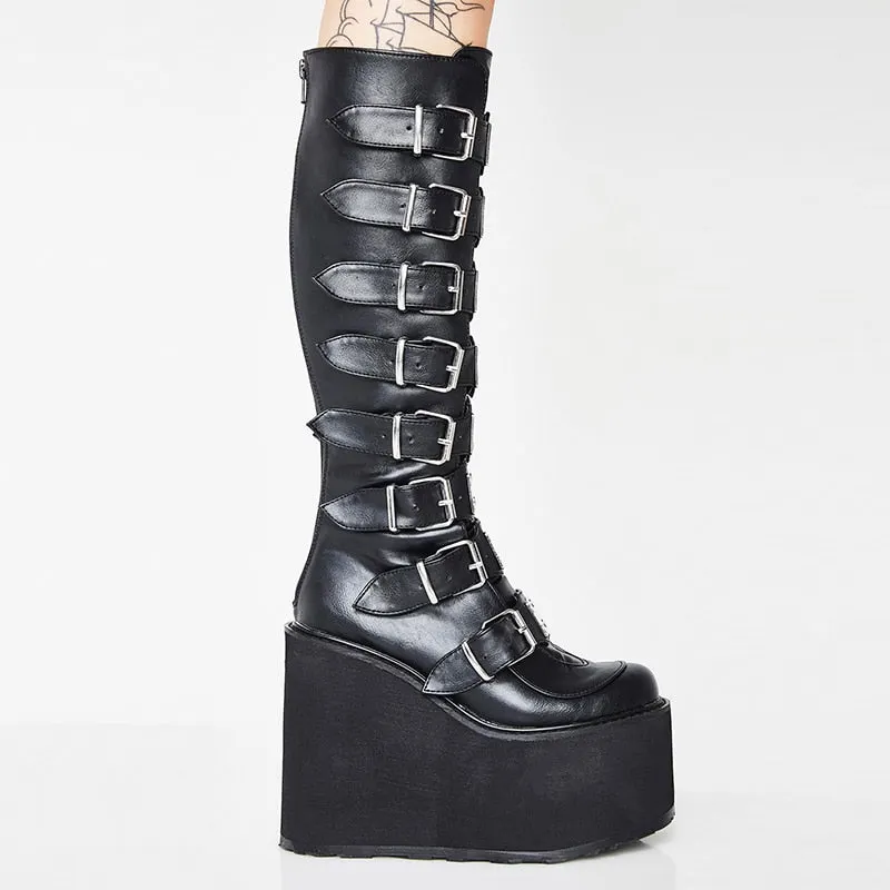 Leather Women Mid-Calf Boots Gothic Style Cool Punk Motorcycles Females Boot Platform Wedges High Heels Calf Boots Women's Shoes