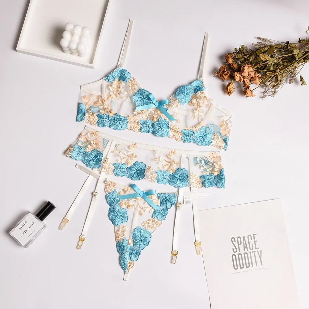 Women Transparent Lingerie See Through Erotic Bra and Panty Set Sexy Embroidery Garters Thong Set Thin Lace Secret Underwear