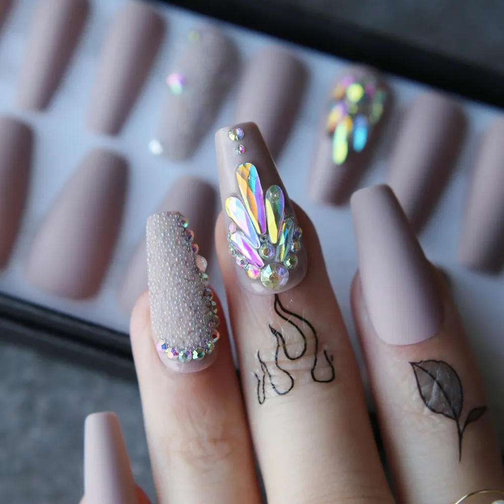 Handmade nude coffin reusable Press on nails box 24pcs Acrylic nails crystal nails bling Microdrill glitter Ballet fasle nails-Nail Inspo