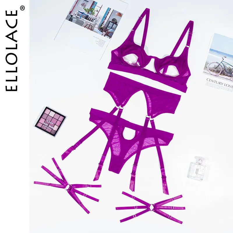 Ellolace Hollow Out Erotic Lingerie Apparel Underwear Set Solid Sexy Costume Bra 3 Piece Porn Sissy Intimate Sensual Sex Suit