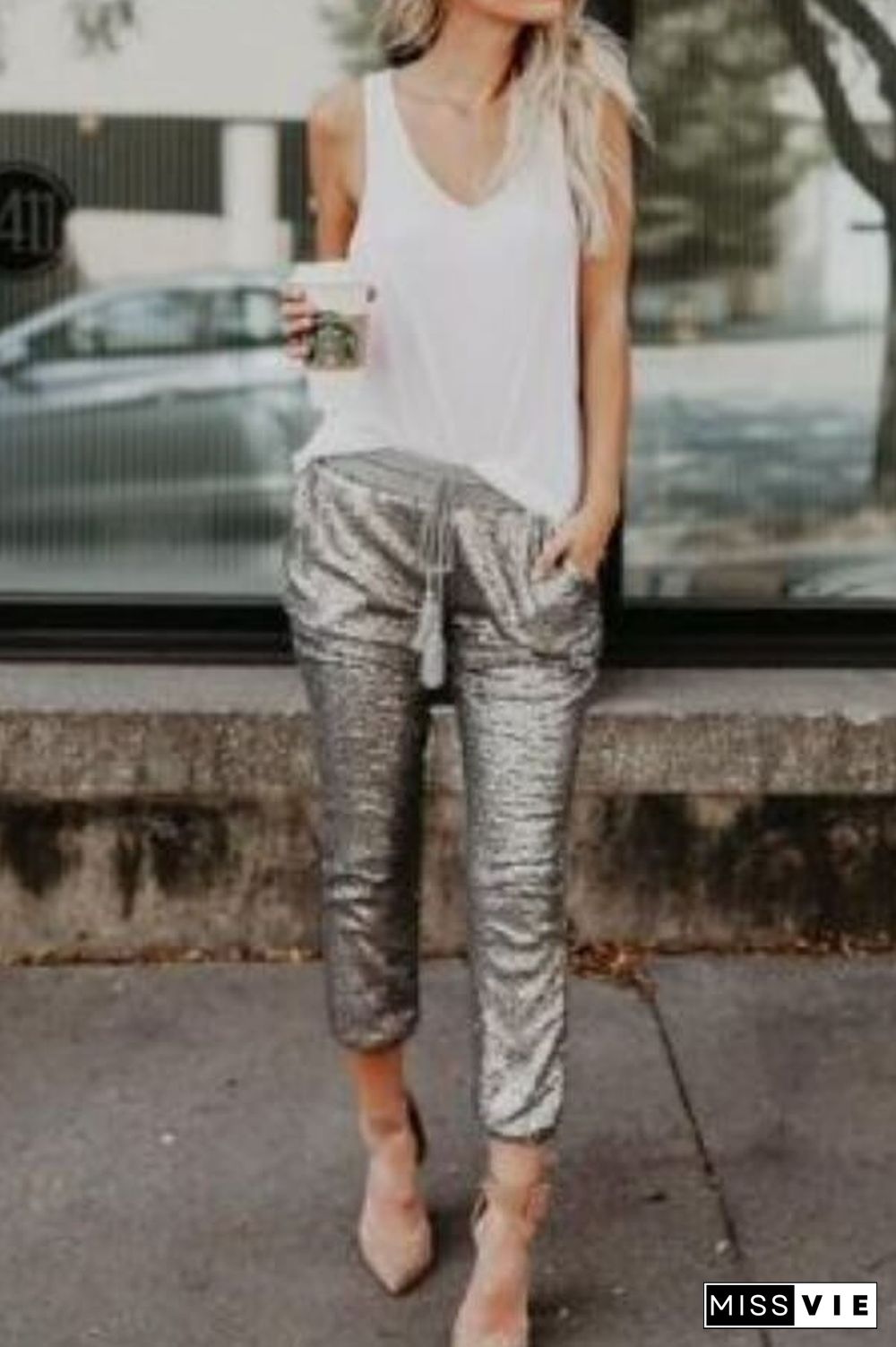 Casual Sequin Elastic Waist Pants