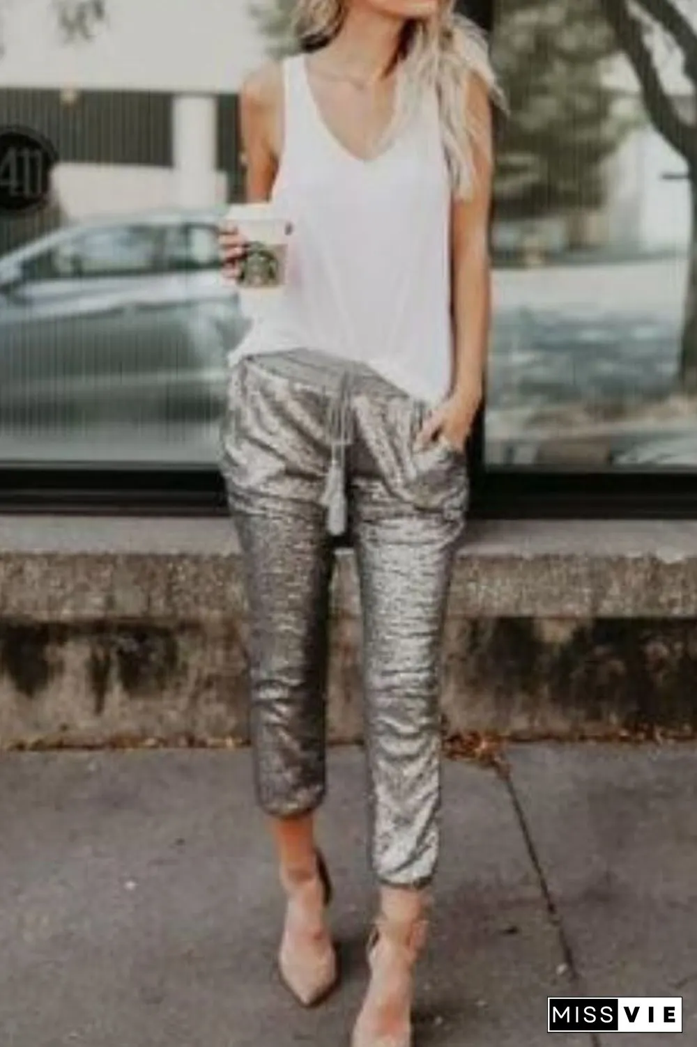 Casual Sequin Elastic Waist Pants