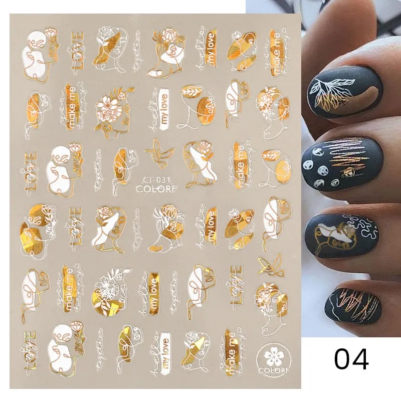 1 Pc 3D Nail Stickers Leaves Sliders for Nails Gold White Bronzing Flowers Gradient Adhesive Sticker Nail Design Art Decorations-Nail Inspo