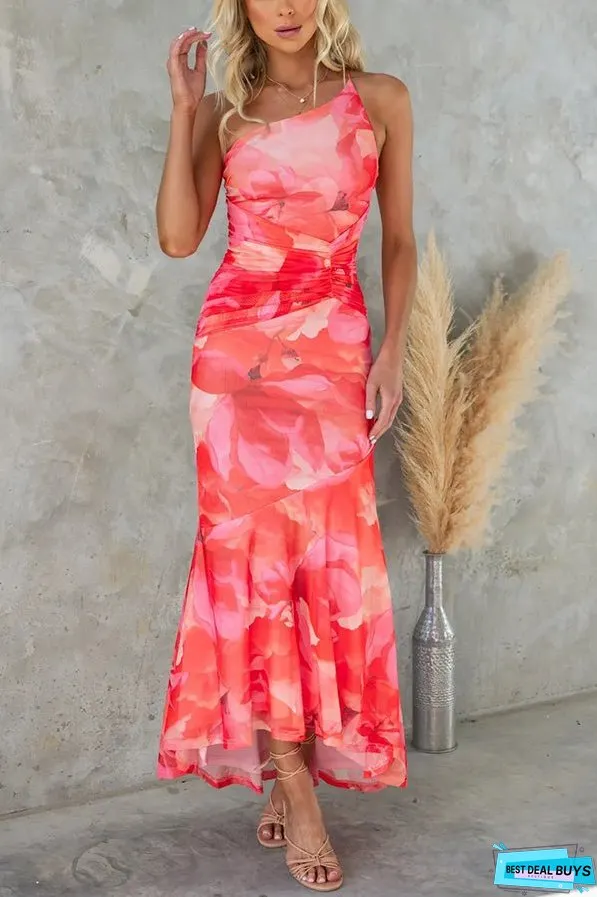Deja Mesh Overlay Floral Print One Shoulder Ruched Stretch Maxi Dress
