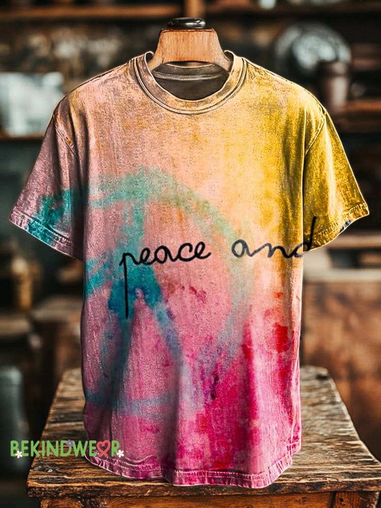 Peace and Love Gradient Printed Casual Couple Round Neck Short Sleeve T-Shirt Multicolor / S
