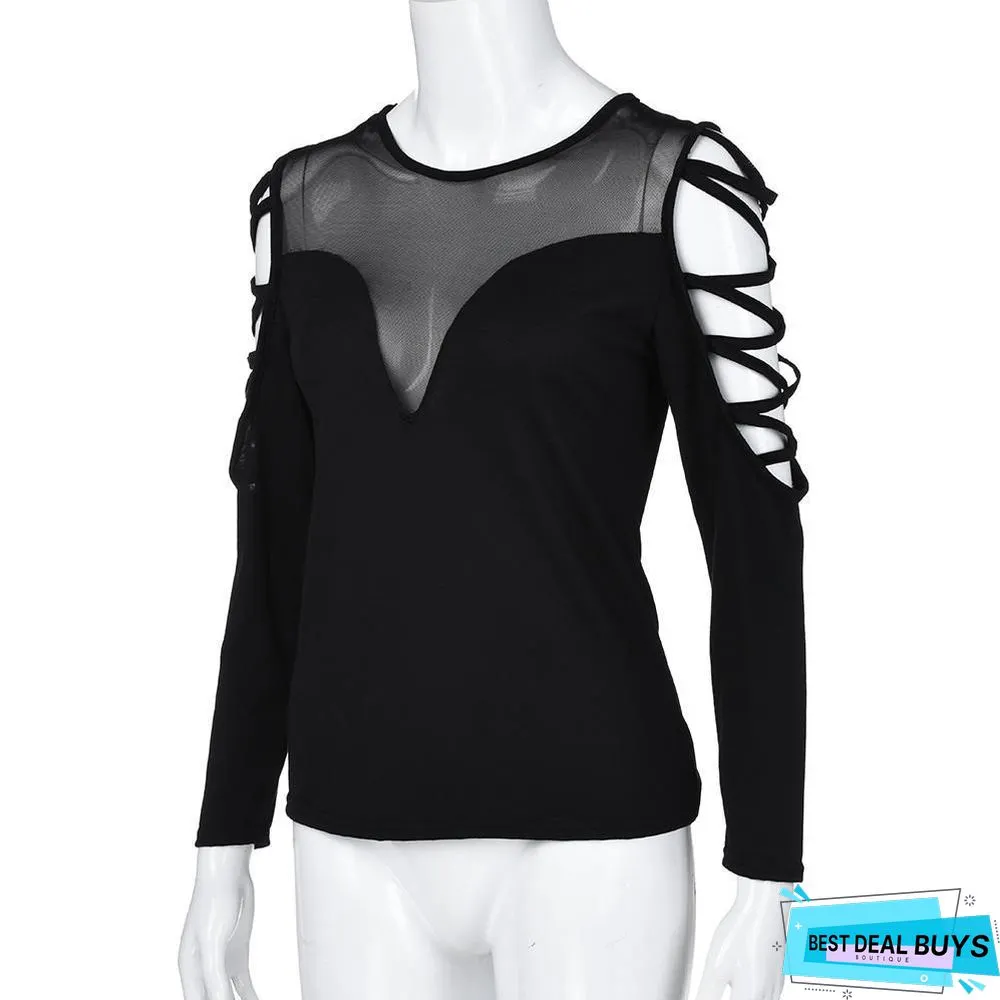 Plus Size Women Sexy Shimmer Mesh Blouse See-Through Black Perspective Bandage Tops