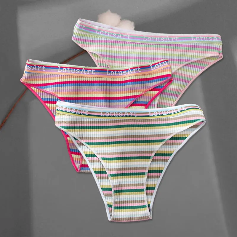 FINETOO 3Pcs/set Colorful Stripes Panties Women's Cotton Briefs M-XL Low-Rise Rainbow Underwear Ladies Underpants Girls Panties