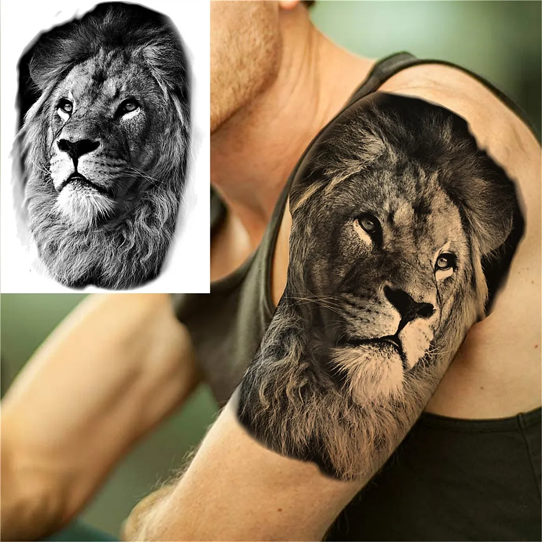 3D Lion Tiger Temporary Tattoos For Men Women Adult Black Wolf Tattoo Sticker Realistic Fake Bear Mountain Disposable Tatoo Body