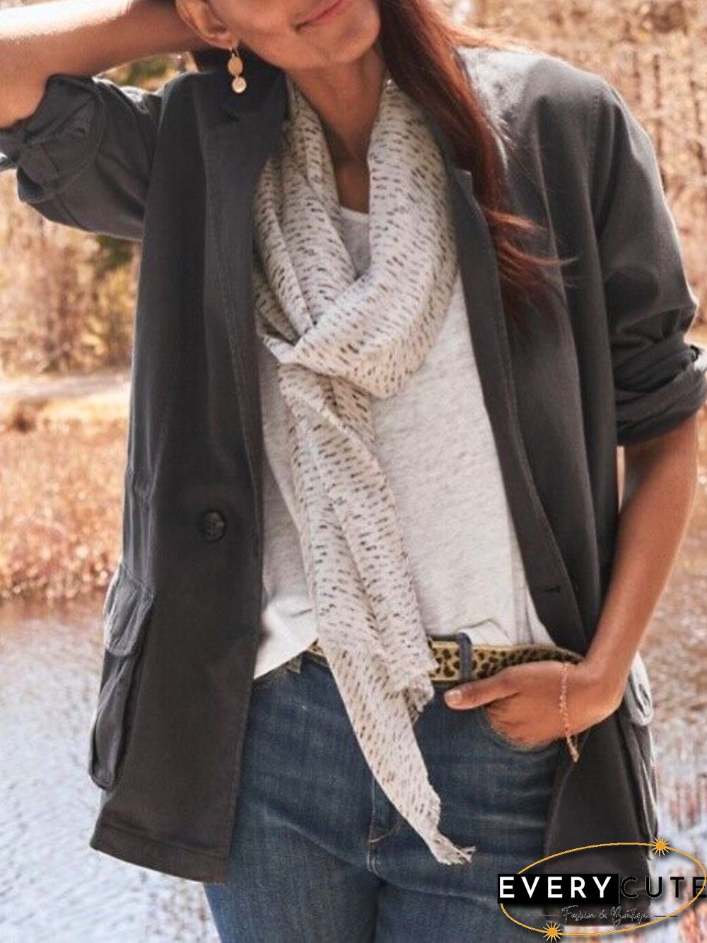 Women Casual Plain Autumn Micro-Elasticity Daily Standard H-Line Regular Regular Size Jacket