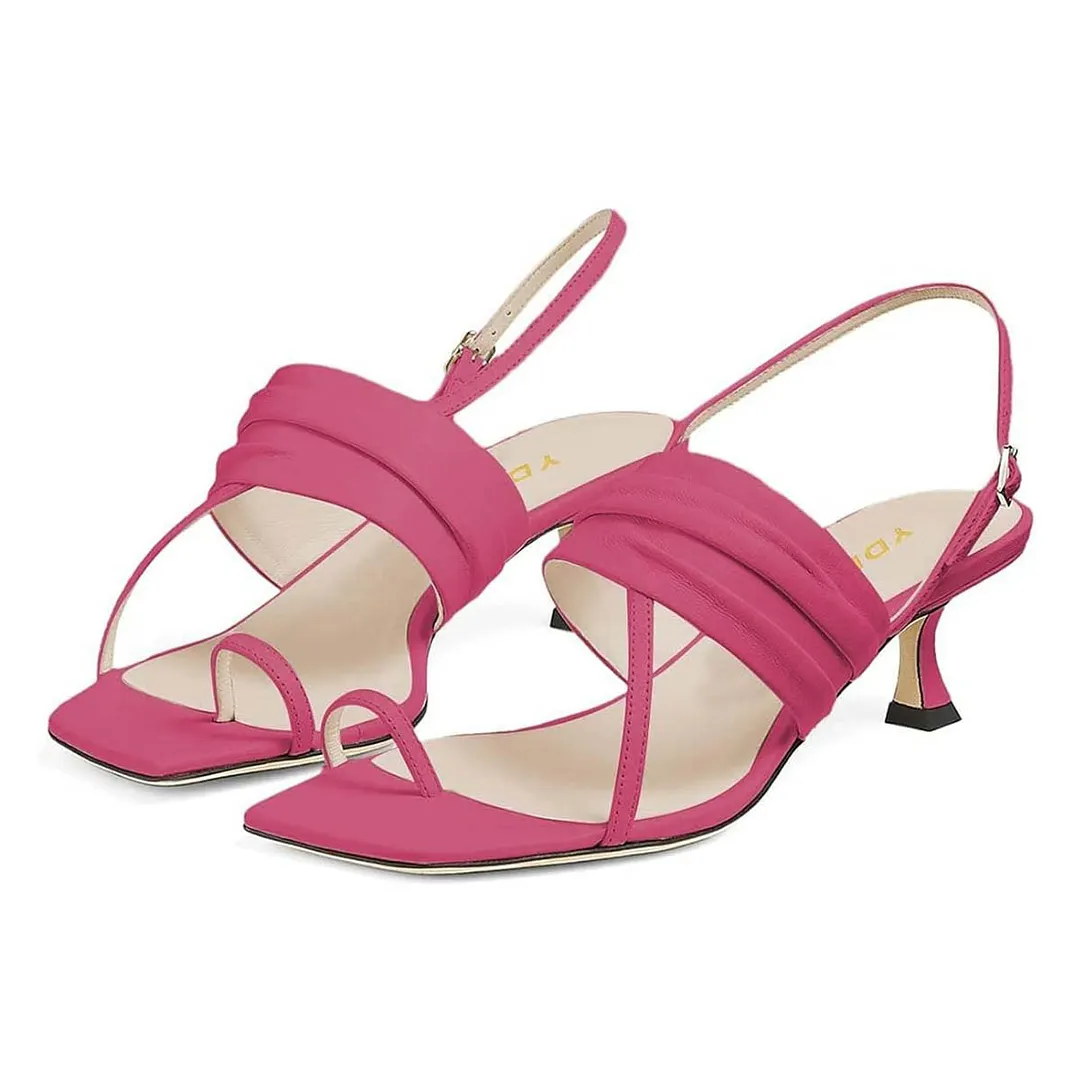 Cute Fuchsia Low Kitten Heel Toe Ring Sandals with Wrinkled Strap