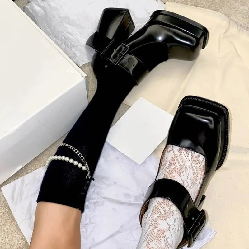 platform heels Pumps chunky shoes Mary Jane Heels Shoes Women Square Toe Chunky Platform Pumps Women One Strap Buckle Rhinestone