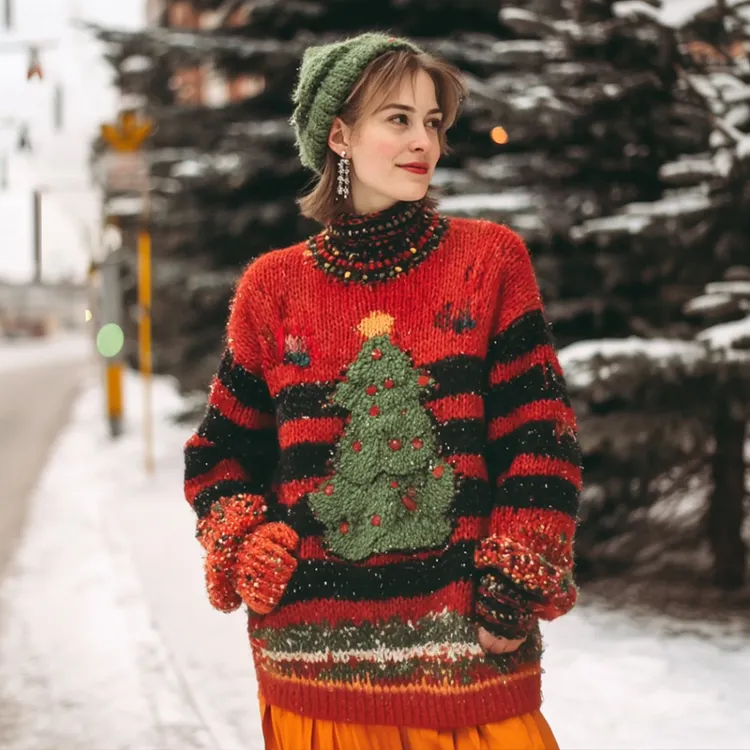 Women's Christmas Tree Stripe Pattern Red Sweater