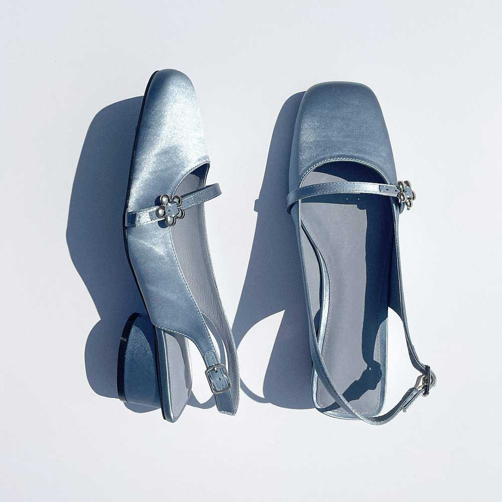 Blue Satin Closed Square Toe Floral Buckle Slingback Pumps Nicepairs