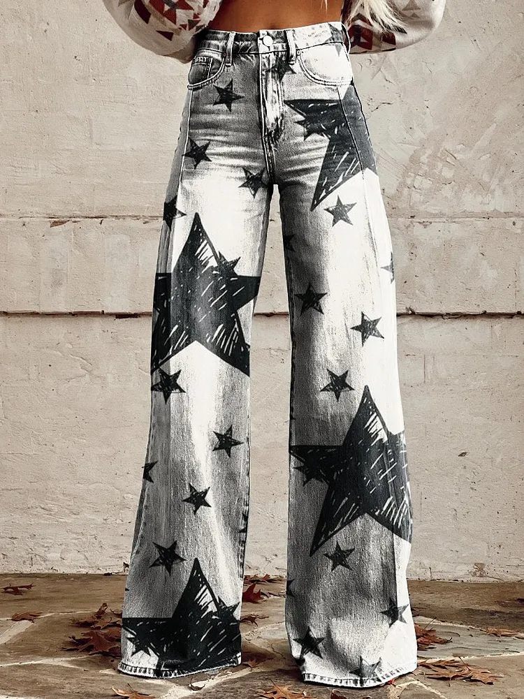 Black Shining Star Women's Print Casual Wide Leg Pants