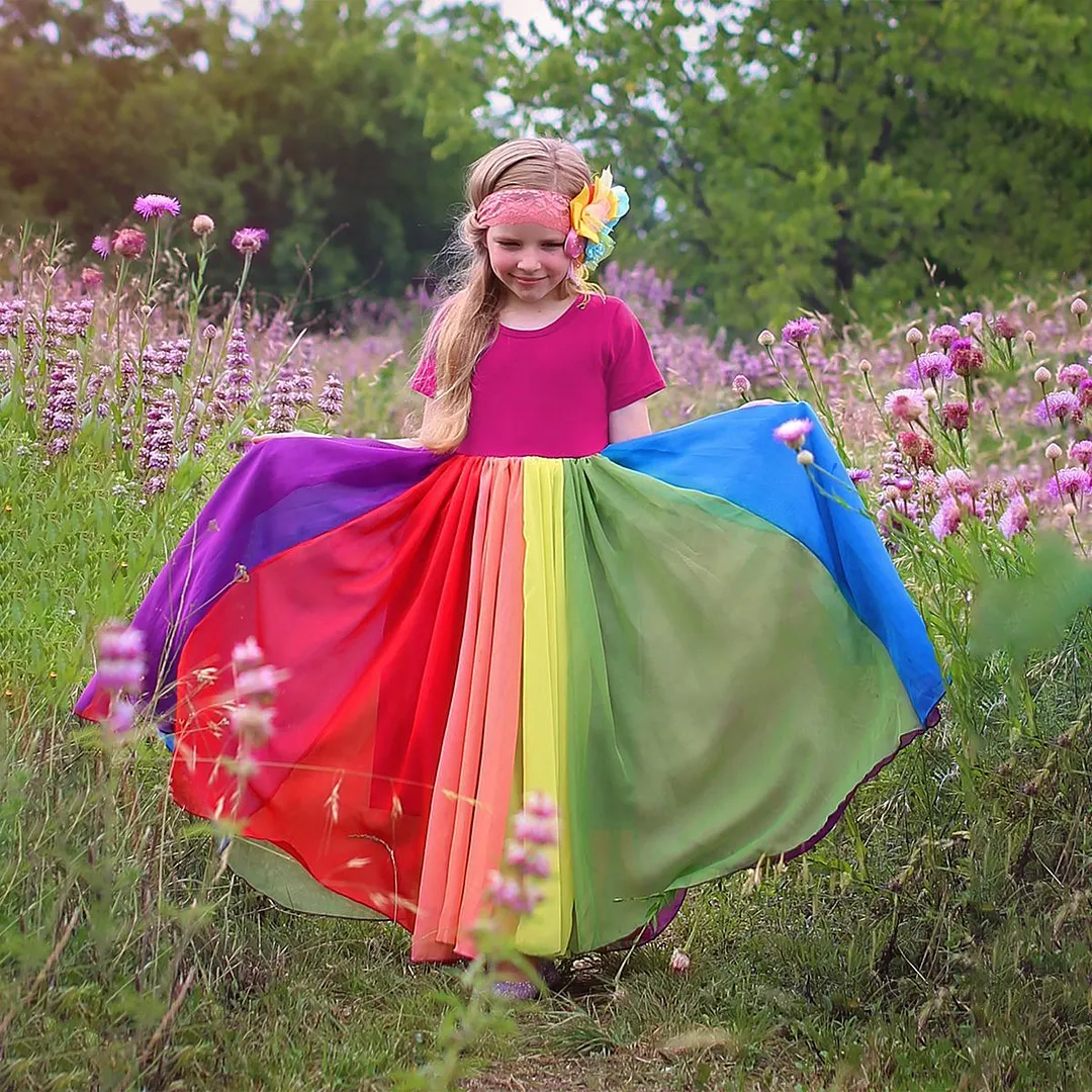 2021 Spring Girls Dress Brand New Arrival Kids Pastel Rainbow Cotton Ankle-length Princess Dress Up for Girls Casual Clothing