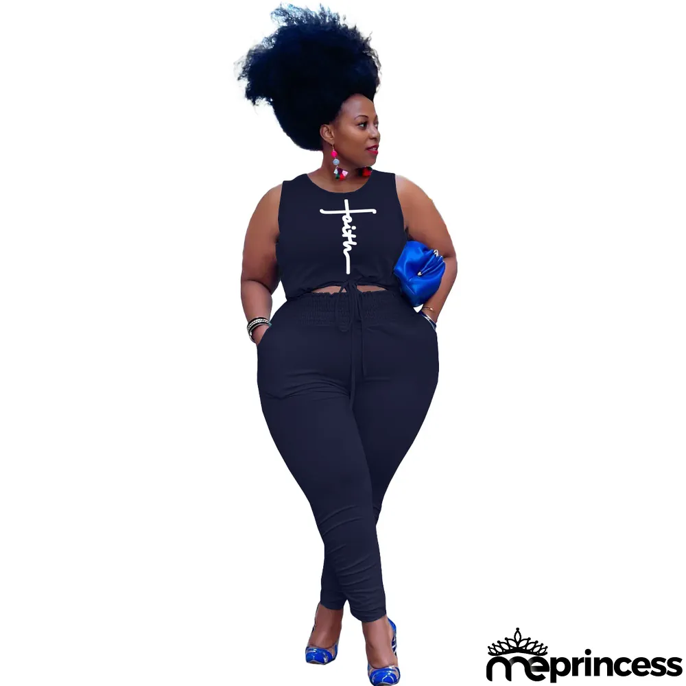 Women's Fashion Spring Summer Letter Print Tank Top Pants Casual Sport Plus Size Two-Piece Set