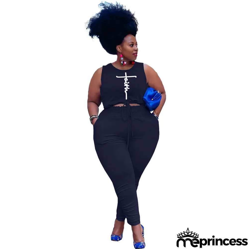 Women's Fashion Spring Summer Letter Print Tank Top Pants Casual Sport Plus Size Two-Piece Set
