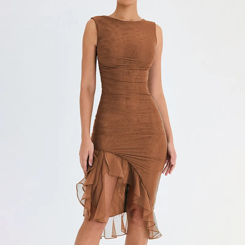 Brownm Brownm Women's Fashion Net Gauze Slim Show Back Solid Color Temperament Sexy Dress Female