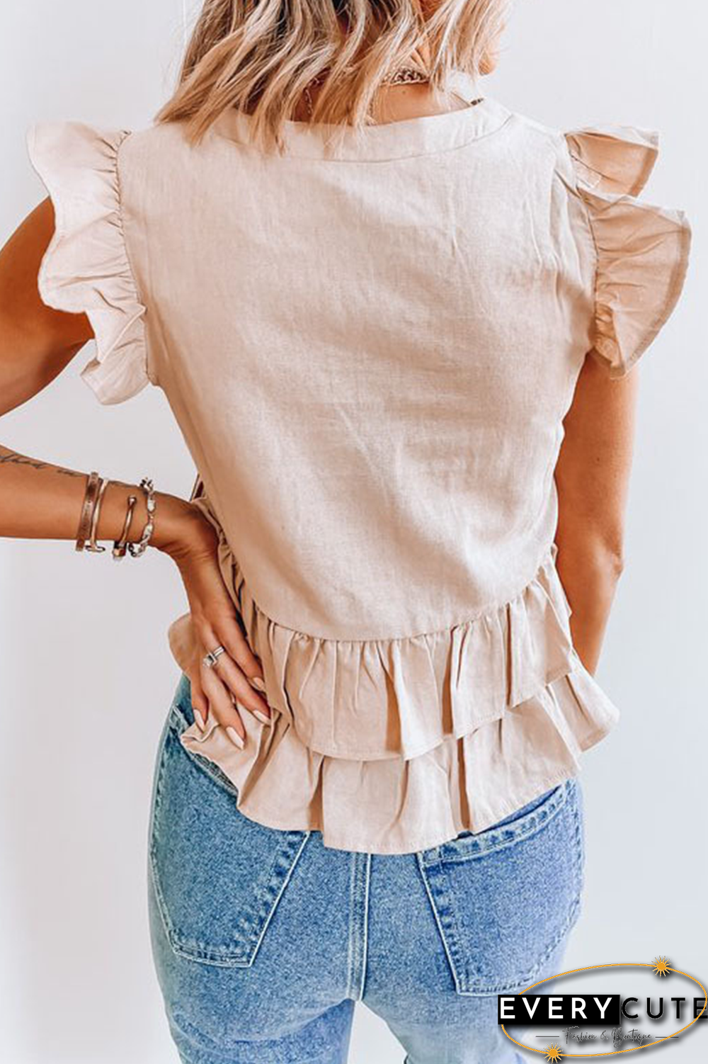 Elegant Solid Buckle Flounce V Neck Tops