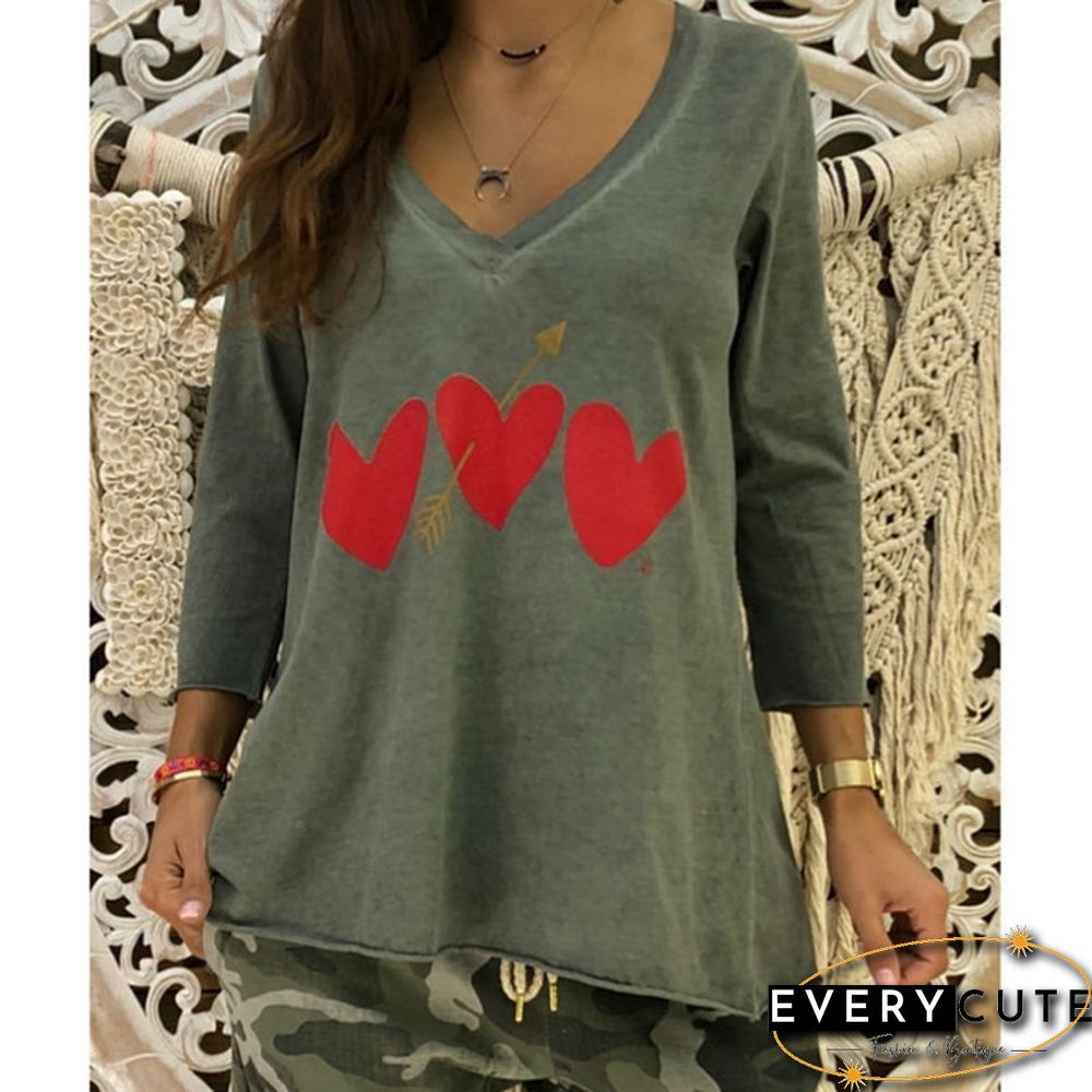 3 Color Women's Fashion Heart Print Long Sleeve V-neck T-Shirts Cotton Tee Cute Female Blouse Casual Tops XS-8XL