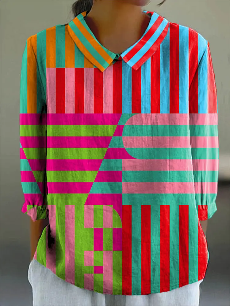 Women's Abstract Geometric Pattern Art Print Casual Cotton And Linen 3/4 Sleeve Shirt