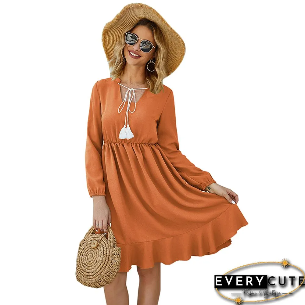 Orange Lace Up Long Sleeve Casual Dress
