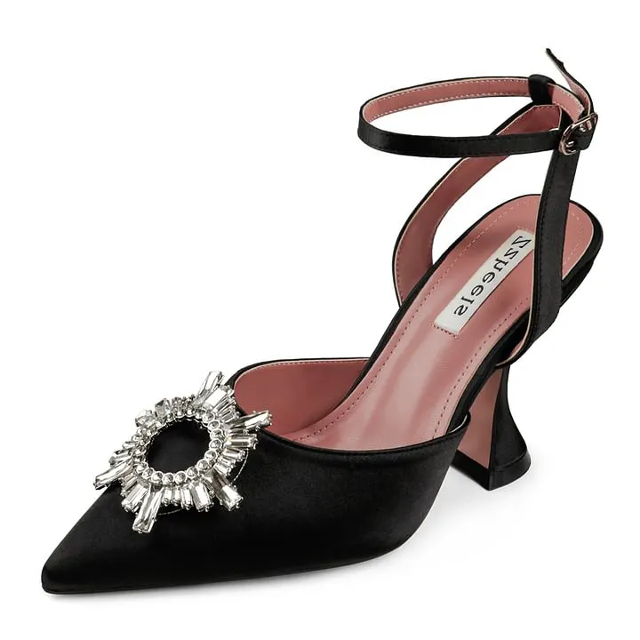 Zzheels Women's High Heel Crystal Slingback Pumps Pointed Toe Strappy Sandals for Party Dating