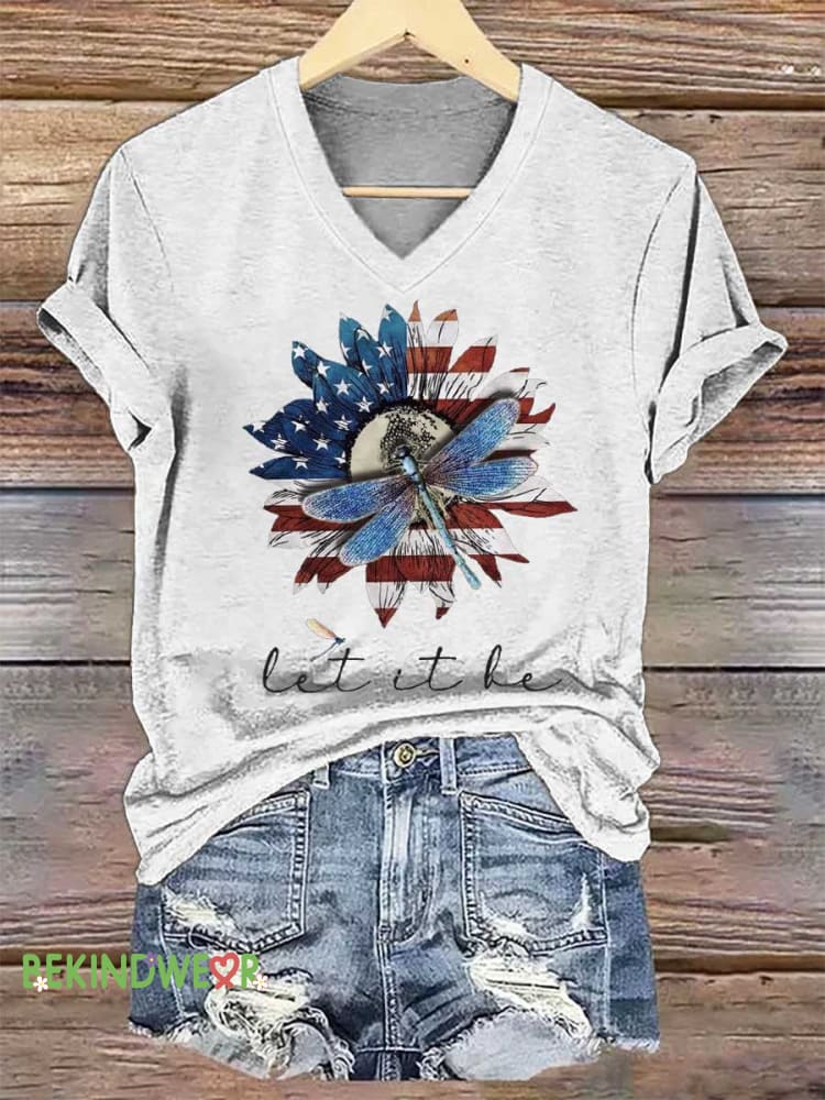 Women&rsquo;s Dragonfly Flower Let It Be V-neck Casual T-Shirt White / S