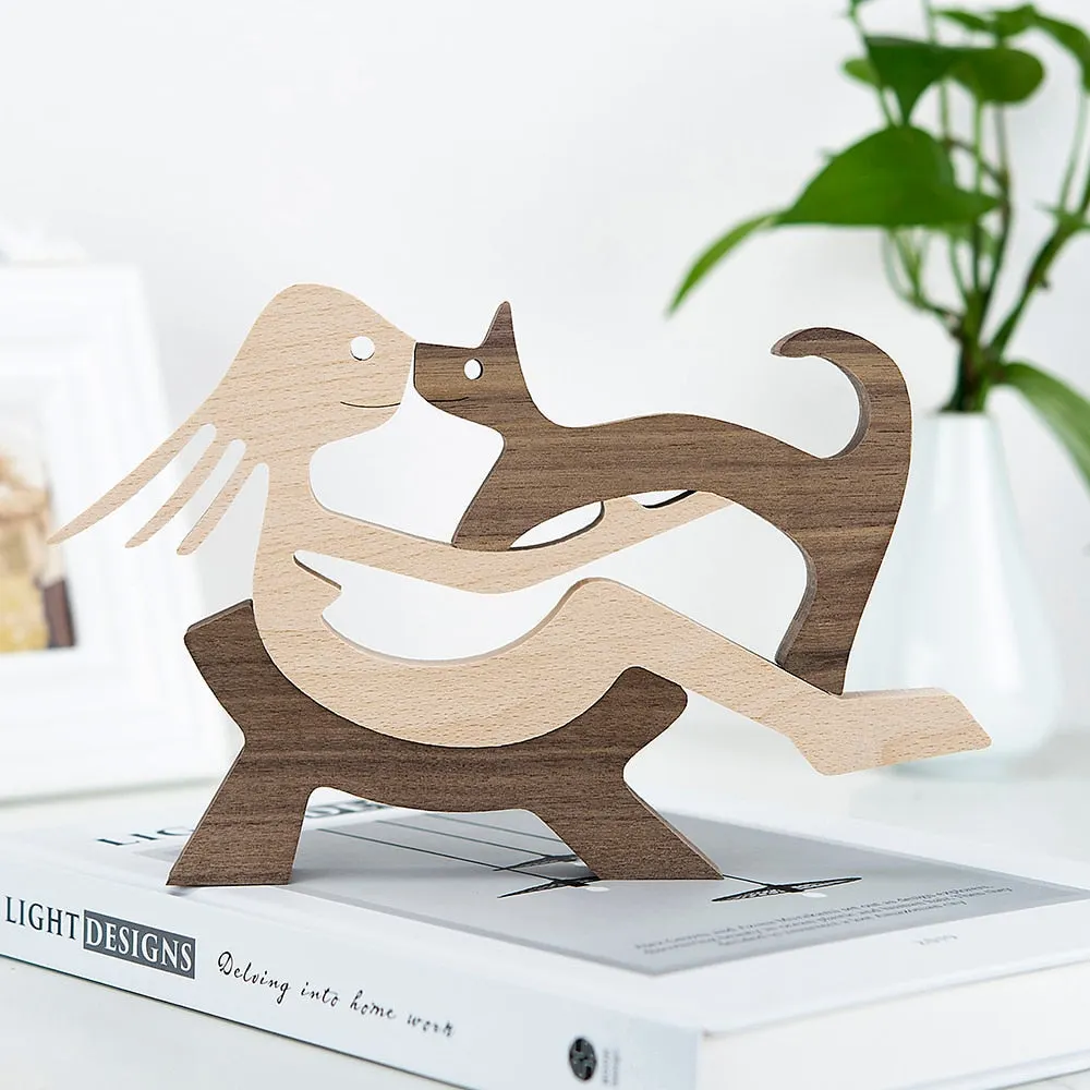 Family Puppy Wood Dog Craft Figurine Desktop Table Ornament Carving Model Creative Home Office Decoration Love Pet sculpture 515-1