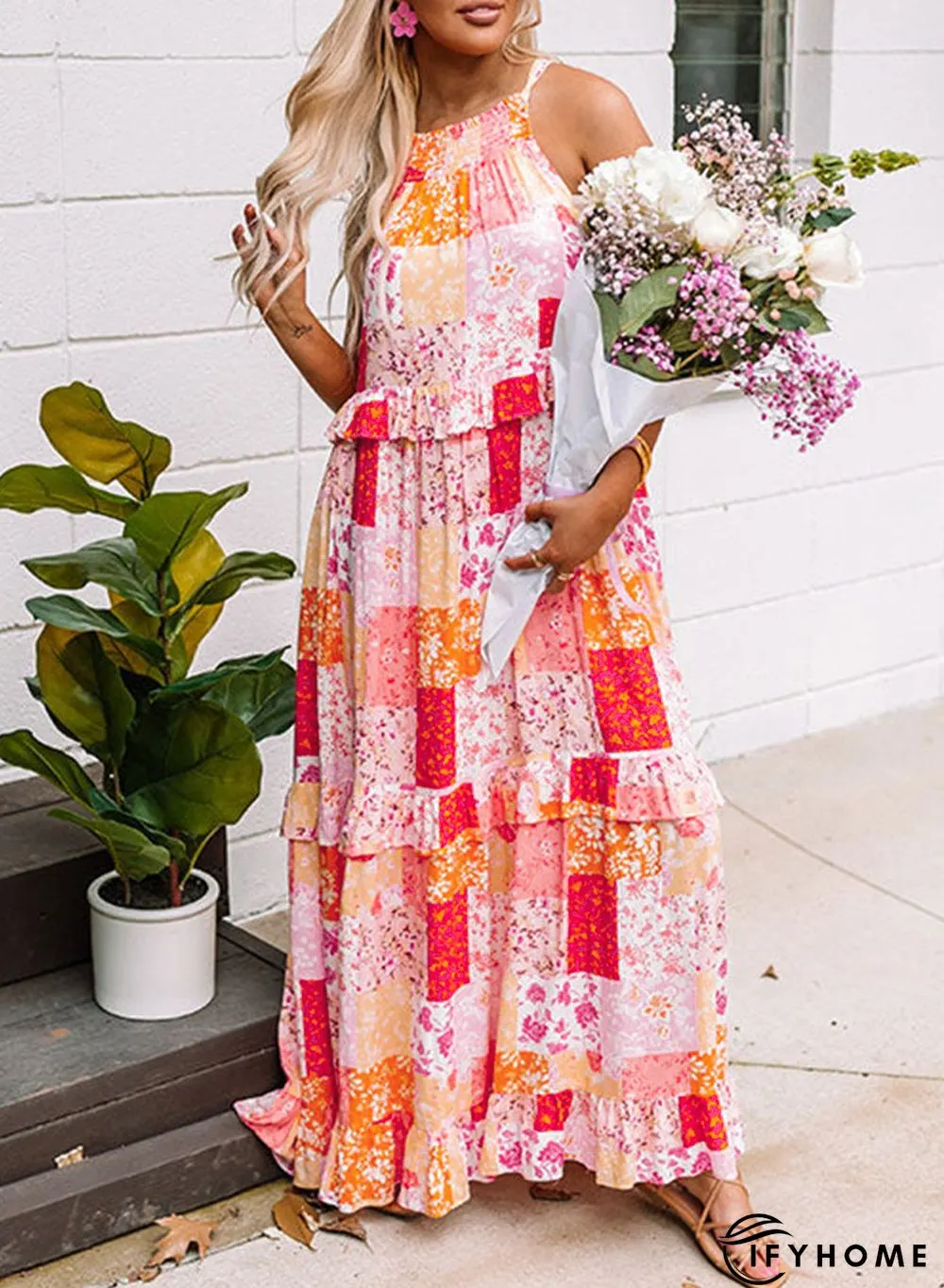 Multicolor Boho Geometric Floral Print Sleeveless Maxi Dress | IFYHOME