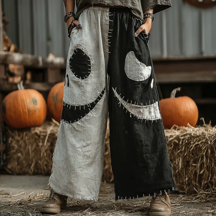 Halloween Spooky Smiley Face Stitching Pattern Casual Wide-leg Pants
