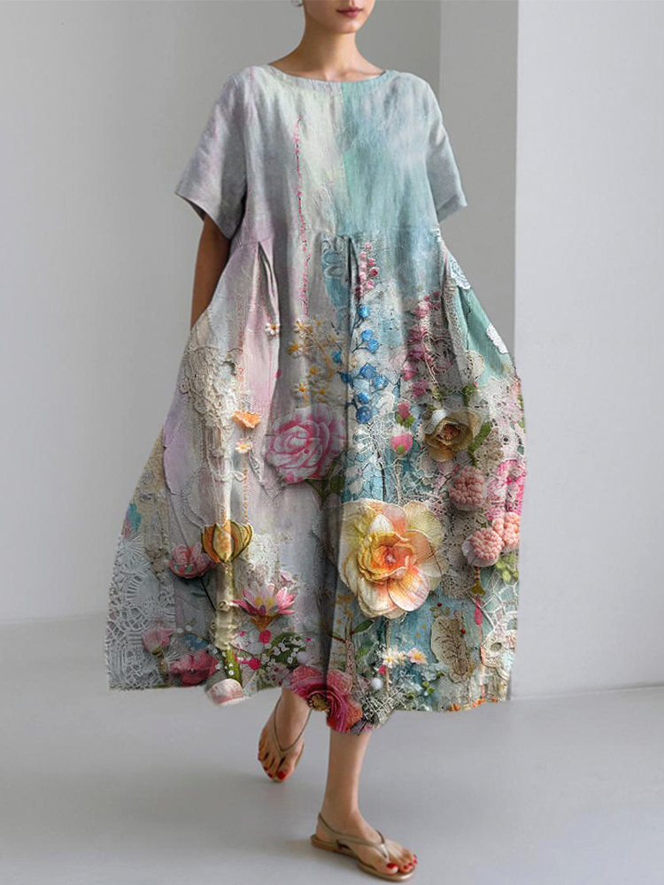 Vintage Floral Print Linen Blend Dress