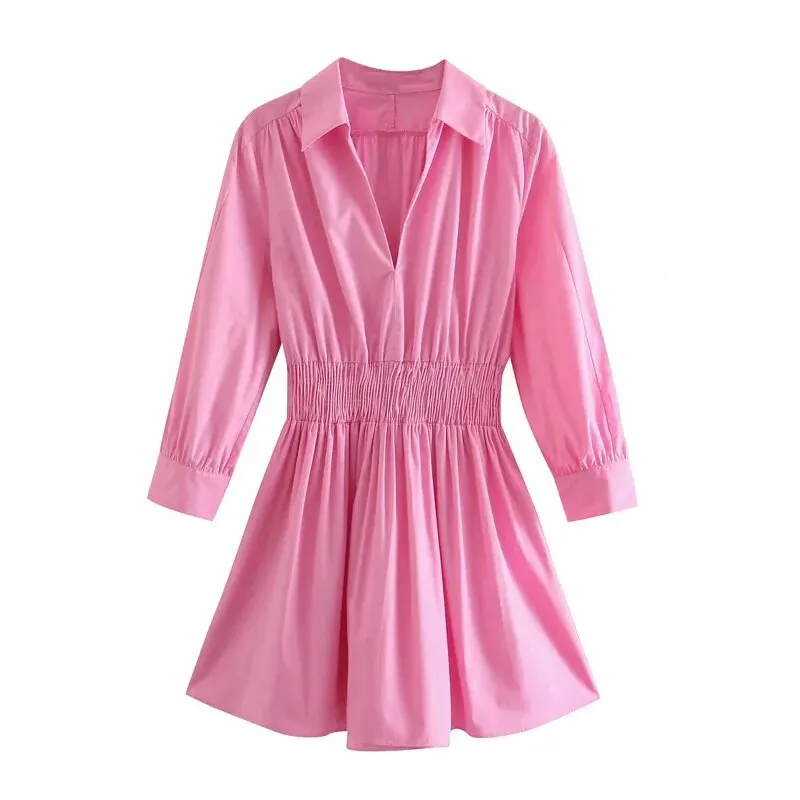 Summer Women's Dresses Pink Poplin Mini Dress Solid Shirt Long Sleeve Vestidos Mujer Princess Robes Femme High Waist V neck 2021