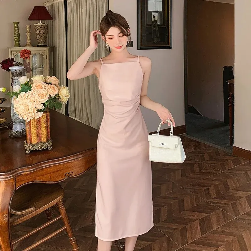 Brownm Summer Elegant Women Evening Dress Simple Solid Sexy Strap Slim Slit Midi Party Club Beach Prom Robe Femme Mujer Vestidos
