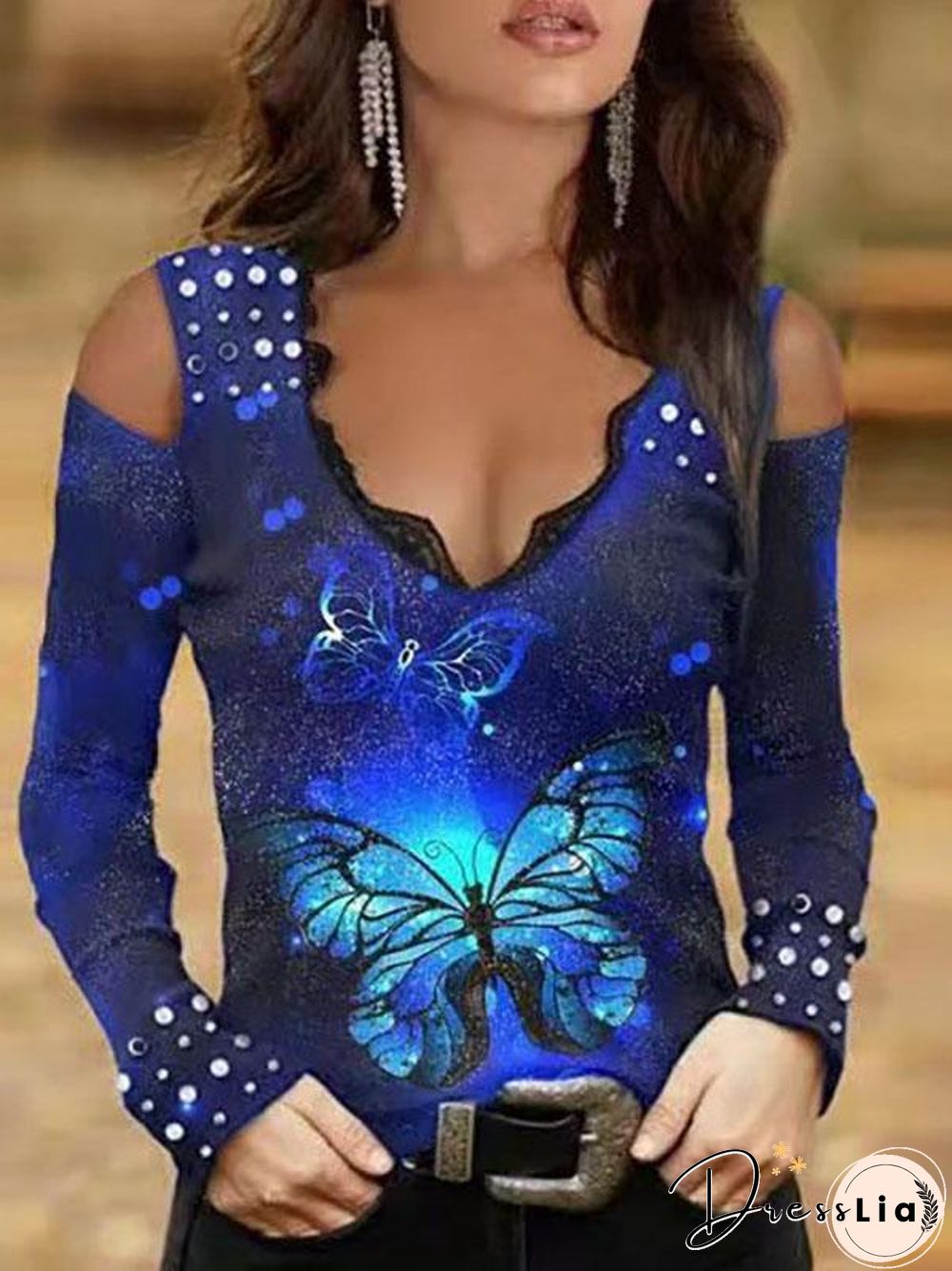 Deep V Neck Open Shoulder Printed Shirt