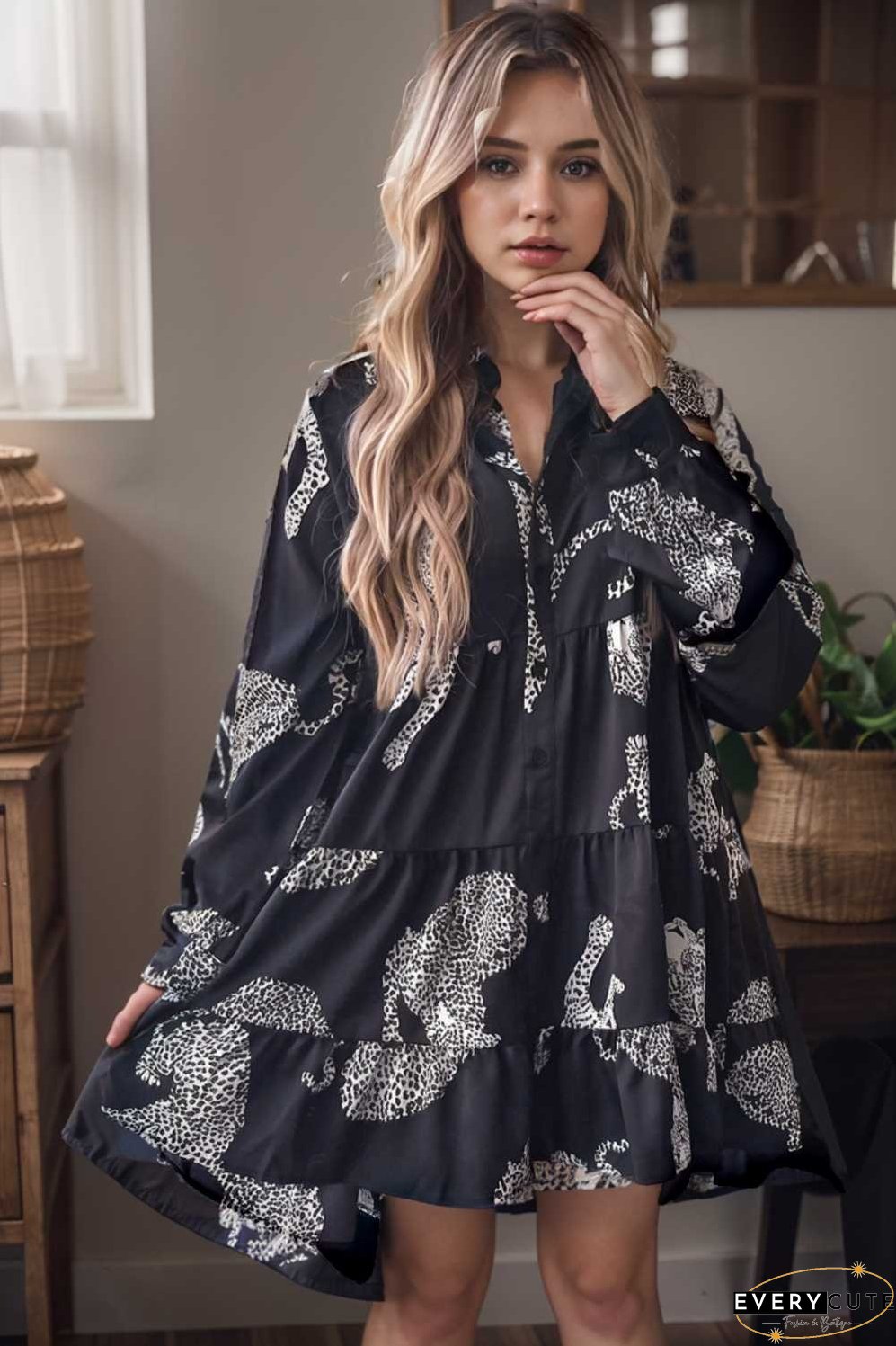 leopard print collared button up shirt dress with ruffled sleeves