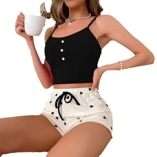 Uveng Uveng Ins Korean Wind Contrast Color Sling Pajamas Female 2024 Summer New Casual Vest Shorts Home Clothes Two Sets
