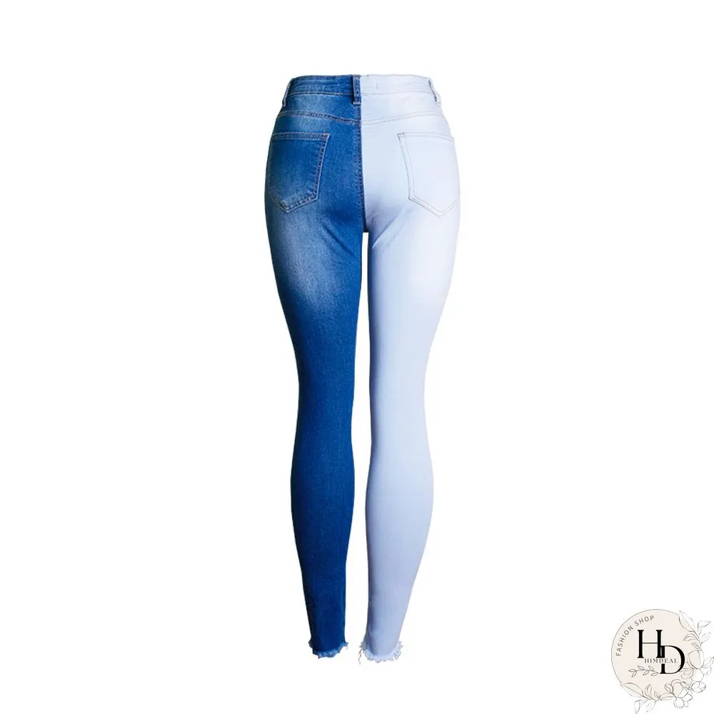 Fashion-Spring And Summer Hot Selling Small Leg Pants Broken Holes Stretch Slim Body Patchwork Color Pencil Pants Woman
